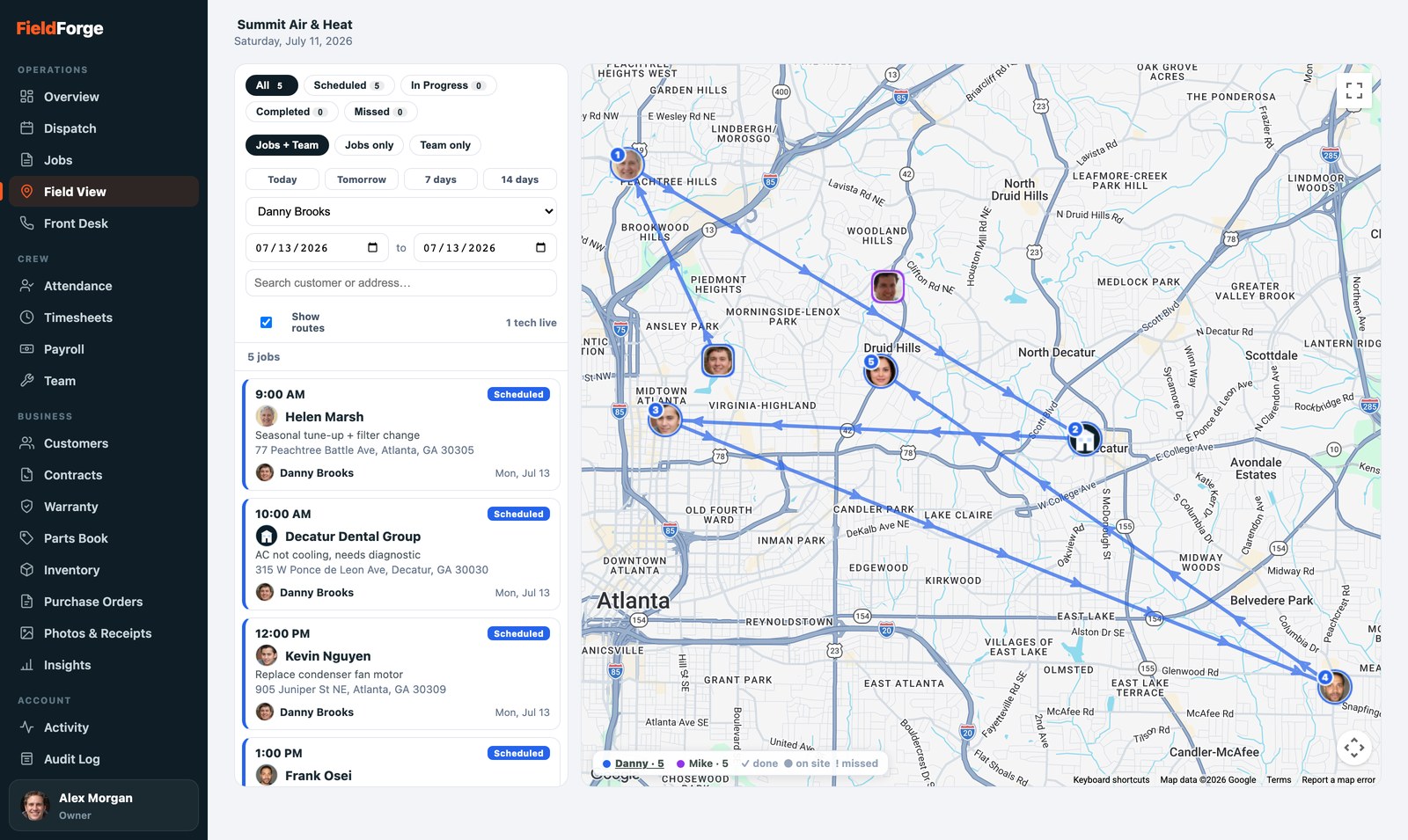 Field View: live crew and job map with numbered routes