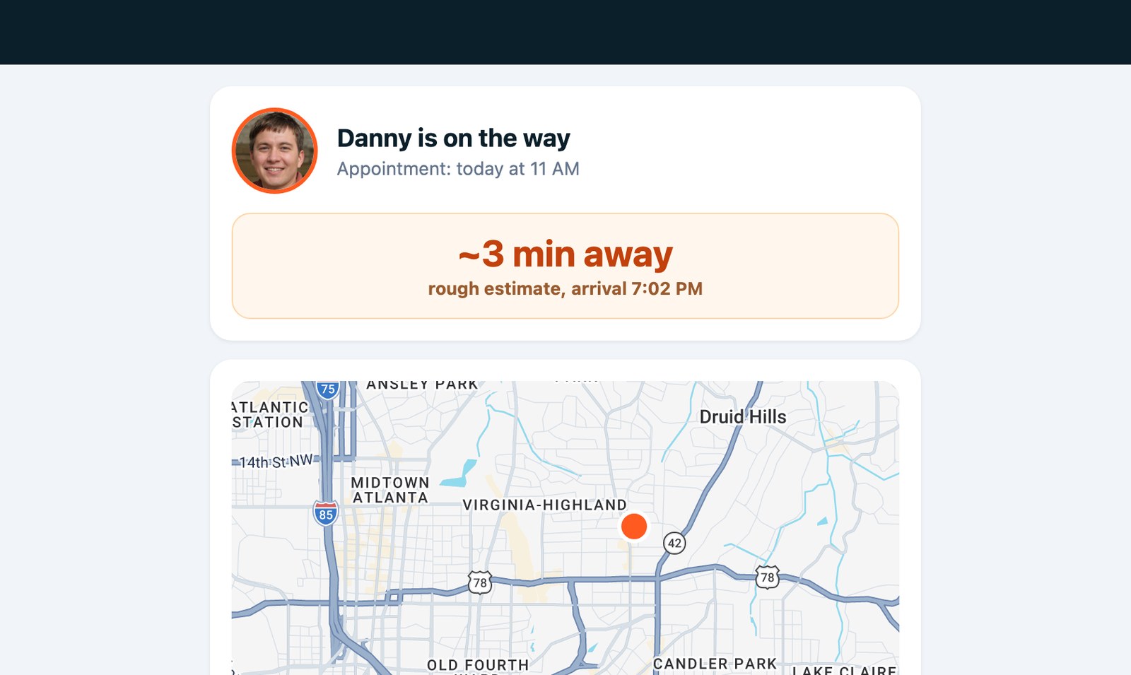 On-my-way live tracking page the customer sees
